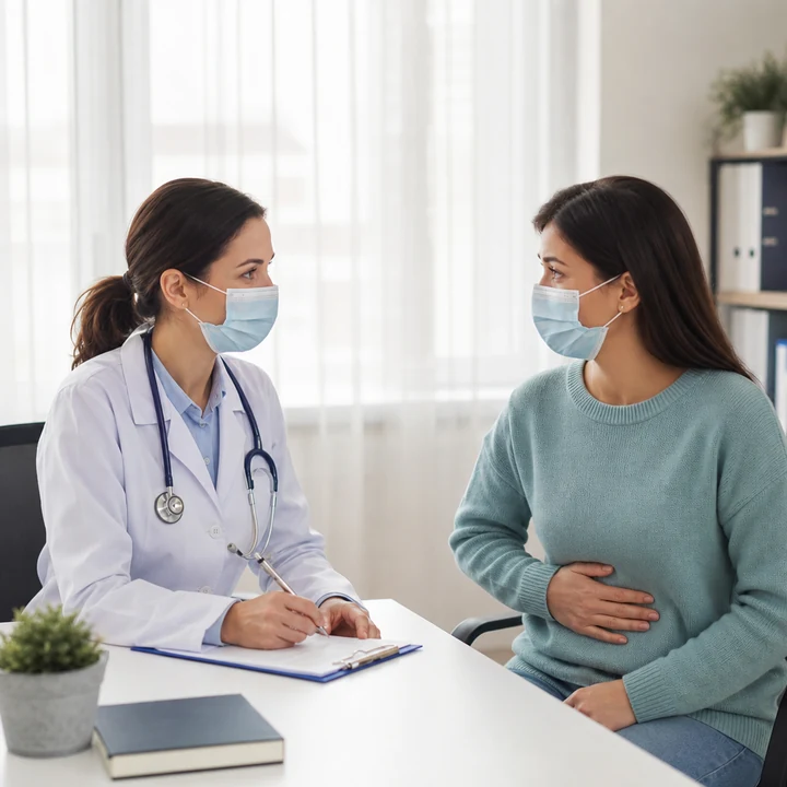 Gastroenterologist consulting a patient with abdominal pain at Jade Clinics, Kokapet